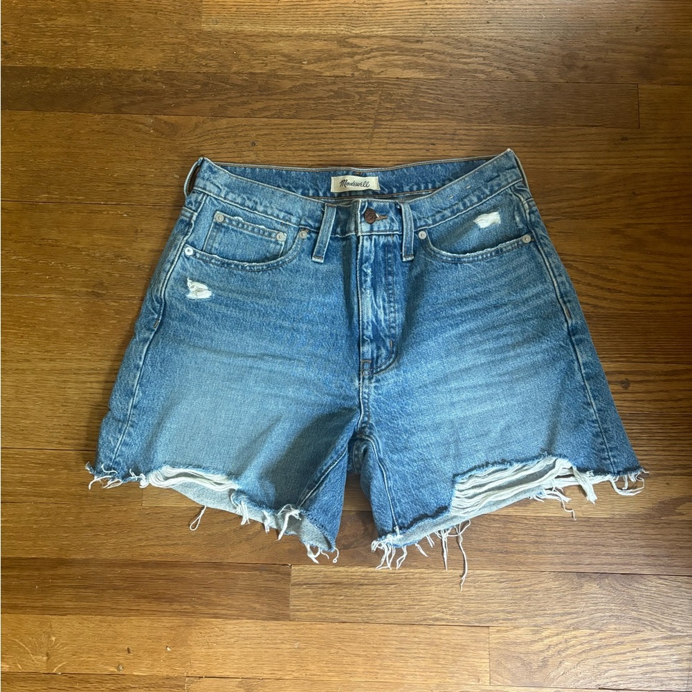 Madewell Mid-Length Denim Shorts with Distressed Frayed Hem